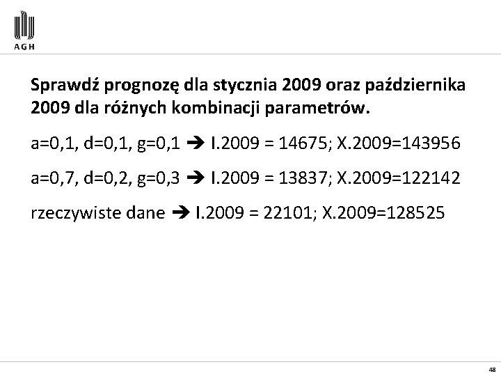 Sprawdź prognozę dla stycznia 2009 oraz października 2009 dla różnych kombinacji parametrów. a=0, 1,