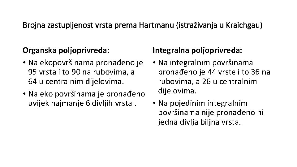 Brojna zastupljenost vrsta prema Hartmanu (istraživanja u Kraichgau) Organska poljoprivreda: Integralna poljoprivreda: • Na