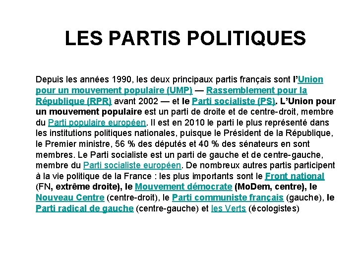 LES PARTIS POLITIQUES Depuis les années 1990, les deux principaux partis français sont l’Union