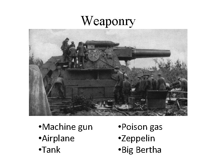 Weaponry • Machine gun • Airplane • Tank • Poison gas • Zeppelin •