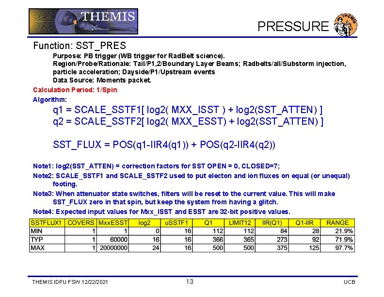 PRESSURE Function: SST_PRES Purpose: PB trigger (WB trigger for Rad. Belt science). Region/Probe/Rationale: Tail/P