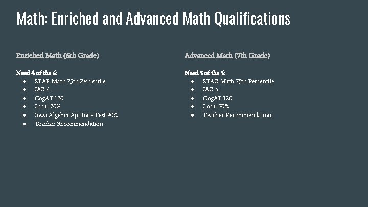 Math: Enriched and Advanced Math Qualifications Enriched Math (6 th Grade) Advanced Math (7