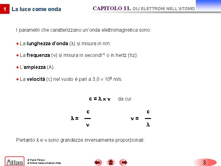 CAPITOLO 11. GLI ELETTRONI NELL’ATOMO 1 La luce come onda I parametri che caratterizzano