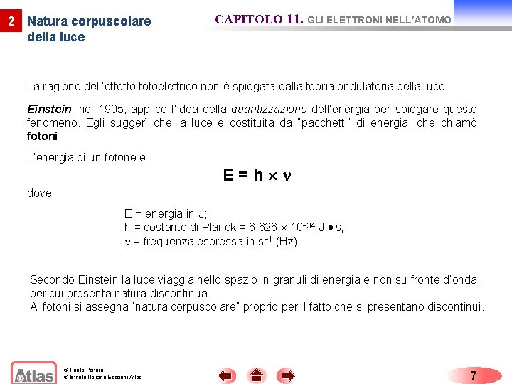 2 Natura corpuscolare della luce CAPITOLO 11. GLI ELETTRONI NELL’ATOMO La ragione dell’effetto fotoelettrico