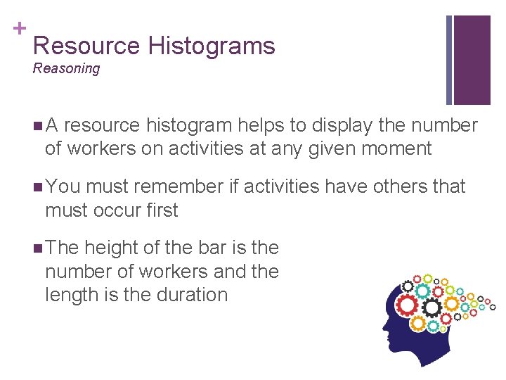 + Resource Histograms Reasoning n. A resource histogram helps to display the number of