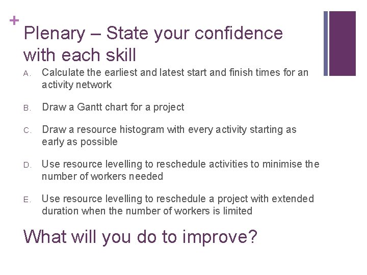 + Plenary – State your confidence with each skill A. Calculate the earliest and