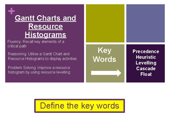 +Gantt Charts and Resource Histograms Fluency: Recall key elements of a critical path Reasoning:
