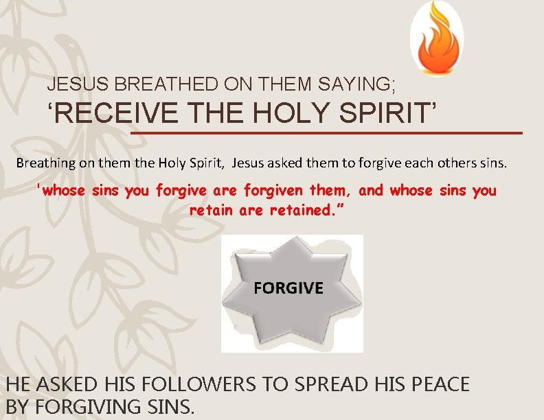 JESUS BREATHED ON THEM SAYING; ‘RECEIVE THE HOLY SPIRIT’ Breathing on them the Holy