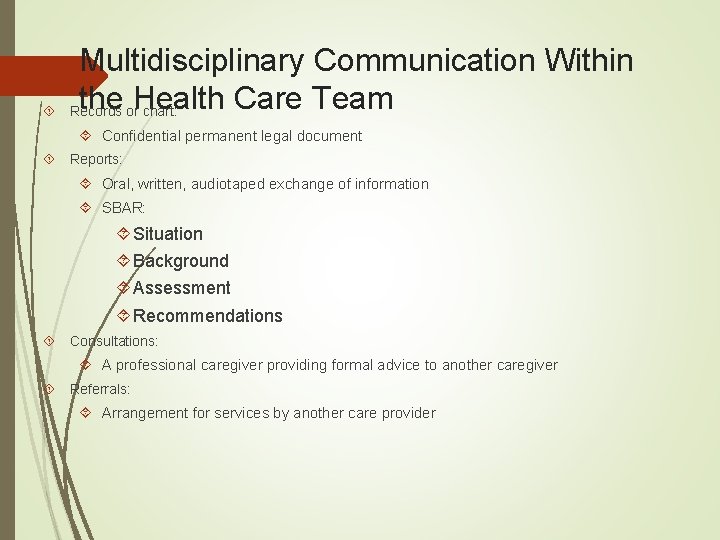  Multidisciplinary Communication Within the Health Care Team Records or chart: Confidential permanent legal