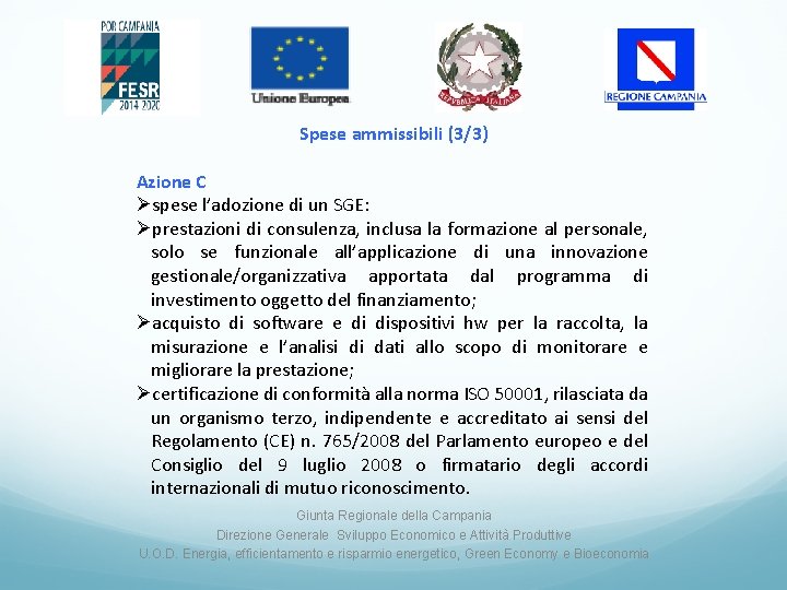 Spese ammissibili (3/3) Azione C Øspese l’adozione di un SGE: Øprestazioni di consulenza, inclusa