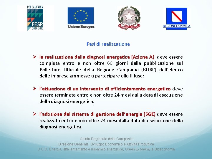 Fasi di realizzazione Ø la realizzazione della diagnosi energetica (Azione A) deve essere compiuta