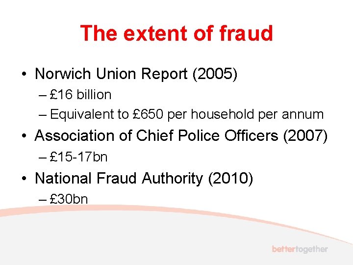 The extent of fraud • Norwich Union Report (2005) – £ 16 billion –