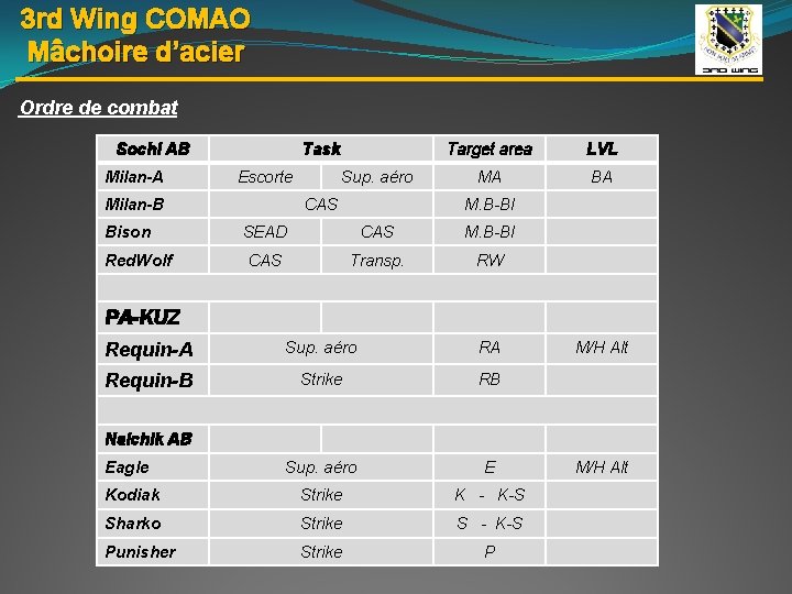 3 rd Wing COMAO Mâchoire d’acier Ordre de combat Sochi AB Milan-A Task Escorte