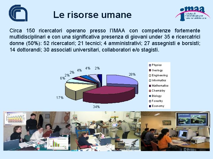 Le risorse umane Circa 150 ricercatori operano presso l’IMAA con competenze fortemente multidisciplinari e