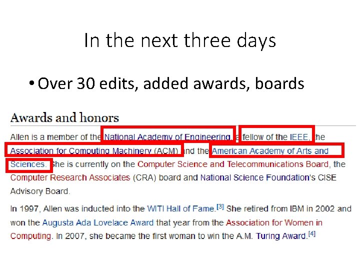 In the next three days • Over 30 edits, added awards, boards 