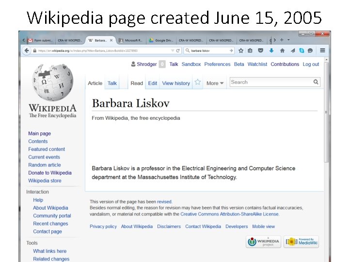 Wikipedia page created June 15, 2005 