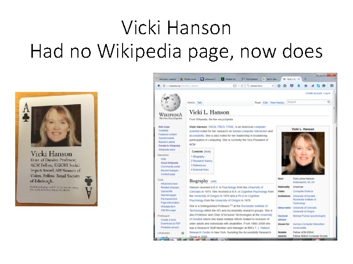 Vicki Hanson Had no Wikipedia page, now does 