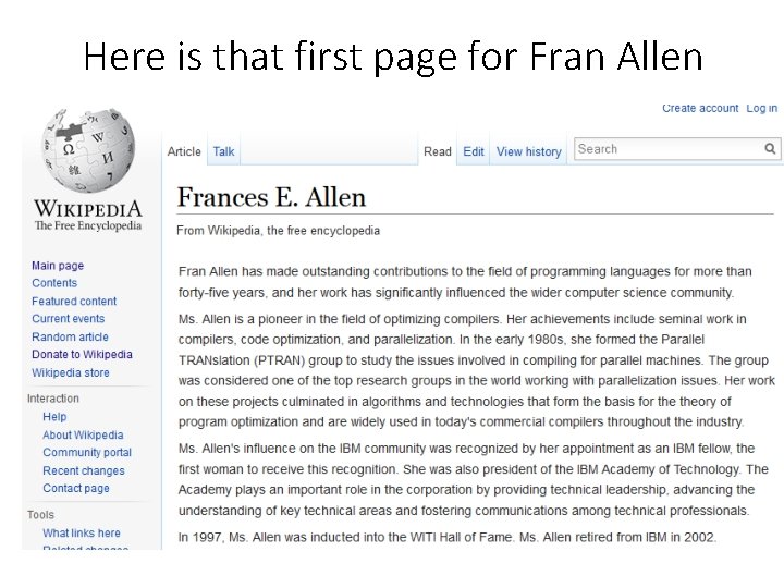 Here is that first page for Fran Allen 