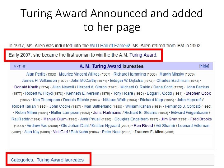 Turing Award Announced and added to her page 