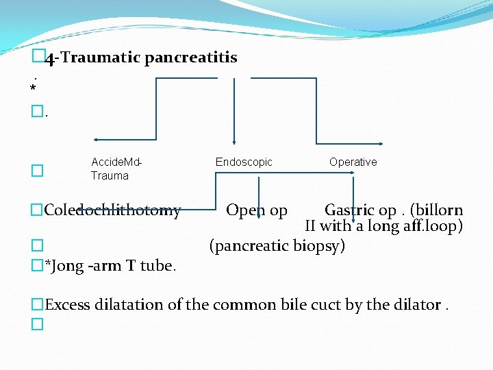 � 4 -Traumatic pancreatitis. * �. � Accide. Md. Trauma �Coledochlithotomy � �*Jong arm