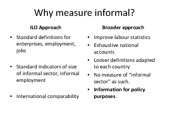 Why measure informal? ILO Approach • Standard definitions for enterprises, employment, jobs • Standard