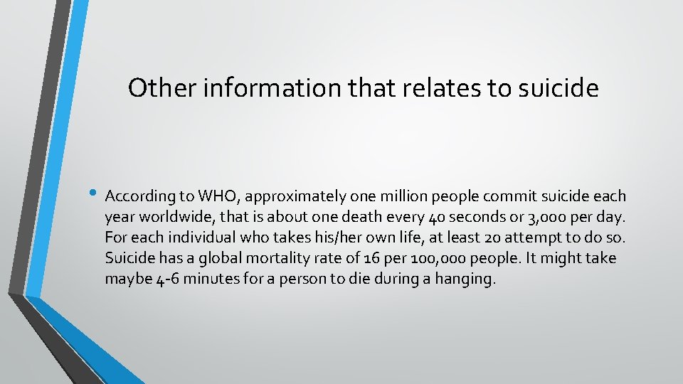 Other information that relates to suicide • According to WHO, approximately one million people