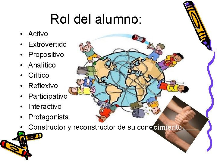 Rol del alumno: • • • Activo Extrovertido Propositivo Analítico Crítico Reflexivo Participativo Interactivo