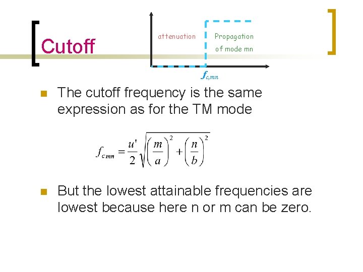 Cutoff attenuation Propagation of mode mn fc, mn n The cutoff frequency is the
