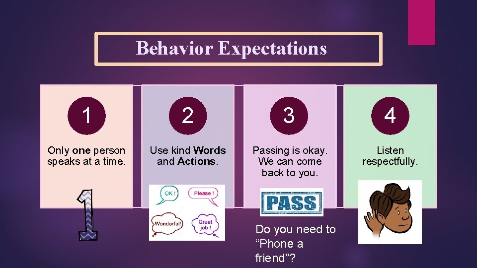 Behavior Expectations 1 2 3 4 Only one person speaks at a time. Use