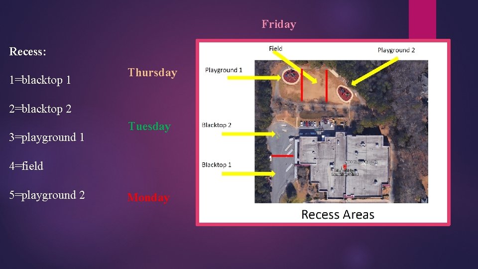 Friday Recess: 1=blacktop 1 Thursday 2=blacktop 2 3=playground 1 Tuesday 4=field 5=playground 2 Monday