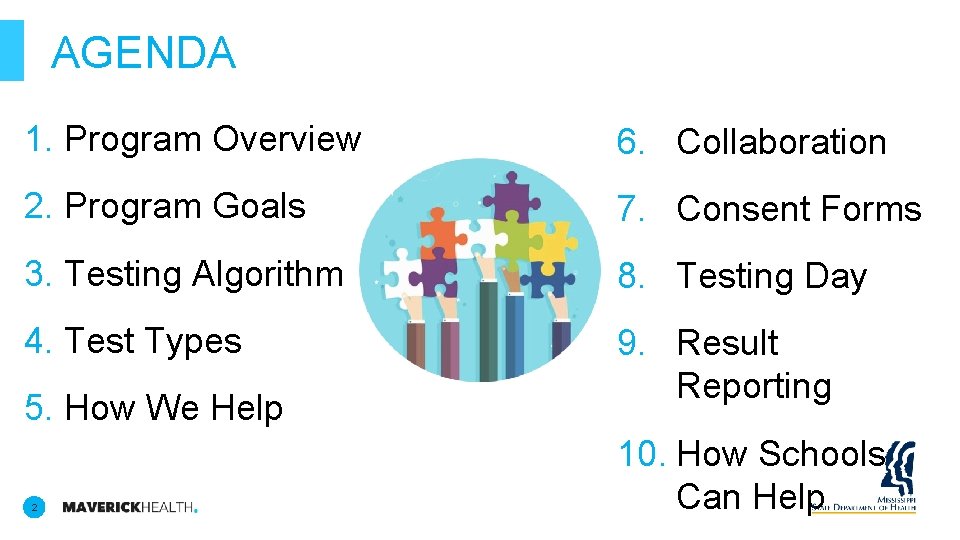 AGENDA 1. Program Overview 6. Collaboration 2. Program Goals 7. Consent Forms 3. Testing