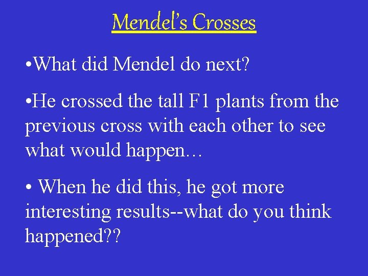 Mendel’s Crosses • What did Mendel do next? • He crossed the tall F
