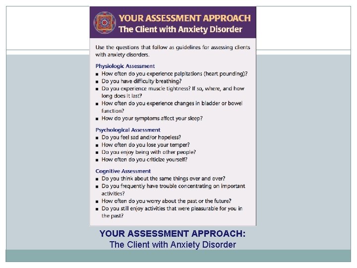 YOUR ASSESSMENT APPROACH: The Client with Anxiety Disorder 