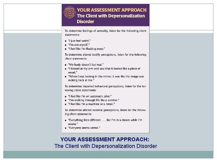 YOUR ASSESSMENT APPROACH: The Client with Depersonalization Disorder 