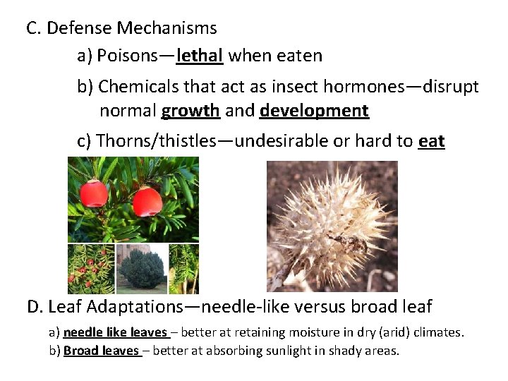 C. Defense Mechanisms a) Poisons—lethal when eaten b) Chemicals that act as insect hormones—disrupt