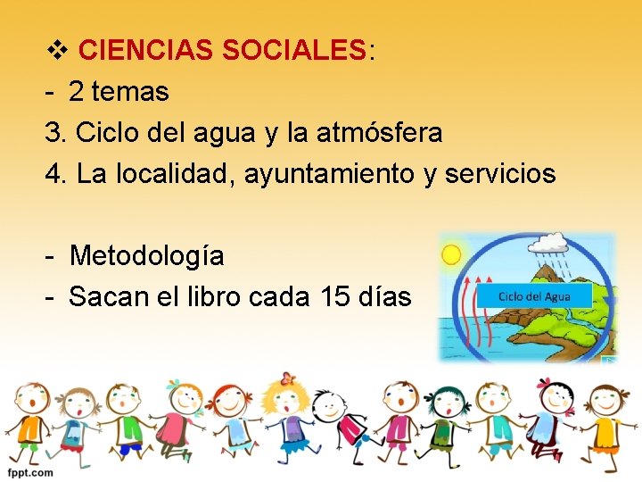 v CIENCIAS SOCIALES: - 2 temas 3. Ciclo del agua y la atmósfera 4.