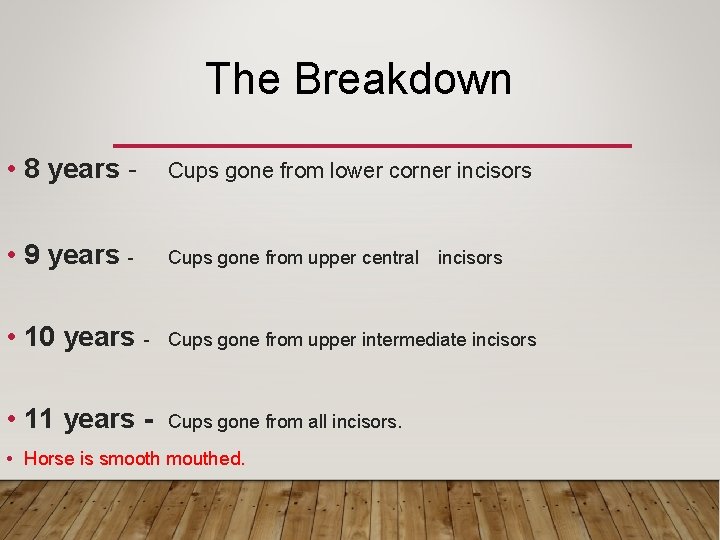 The Breakdown • 8 years - Cups gone from lower corner incisors • 9