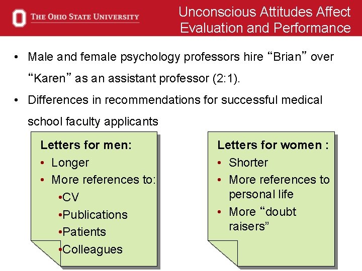 Unconscious Attitudes Affect Evaluation and Performance • Male and female psychology professors hire “Brian”