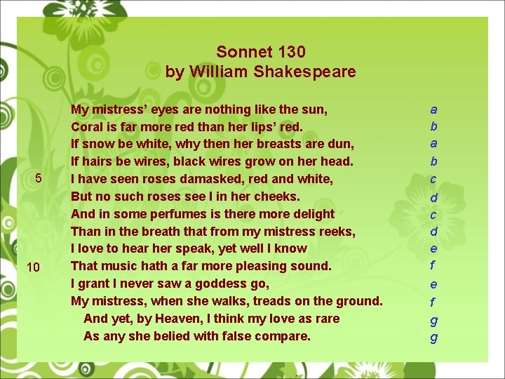 Sonnet 130 by William Shakespeare 5 10 My mistress’ eyes are nothing like the