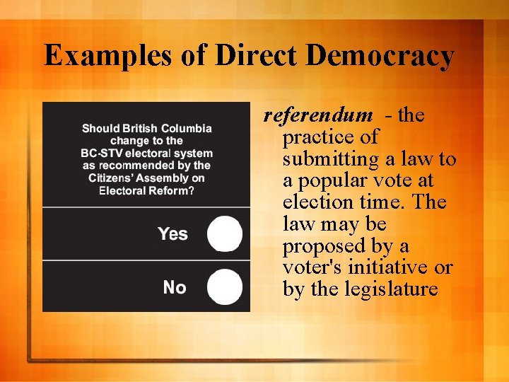 Examples of Direct Democracy referendum - the practice of submitting a law to a