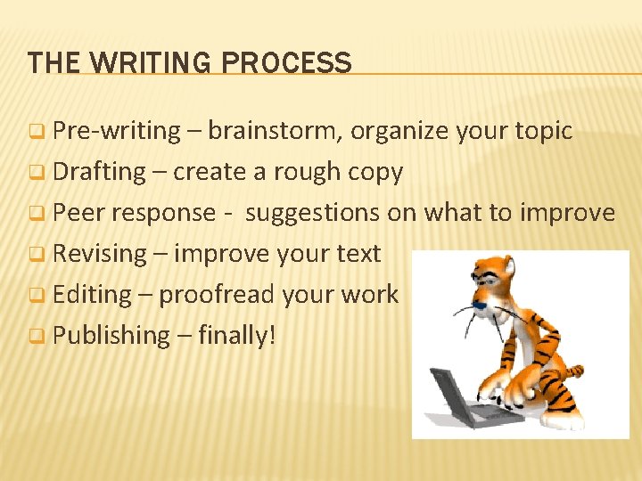 THE WRITING PROCESS q Pre-writing – brainstorm, organize your topic q Drafting – create