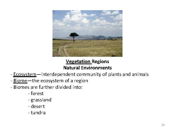 Vegetation Regions Natural Environments - Ecosystem—interdependent community of plants and animals - Biome—the ecosystem