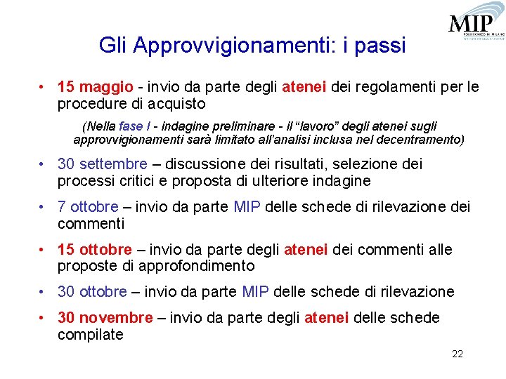 Gli Approvvigionamenti: i passi • 15 maggio - invio da parte degli atenei dei