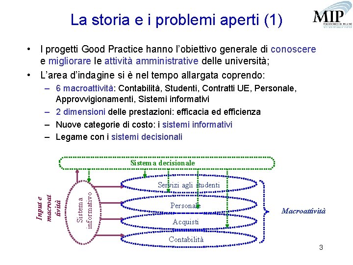 La storia e i problemi aperti (1) • I progetti Good Practice hanno l’obiettivo