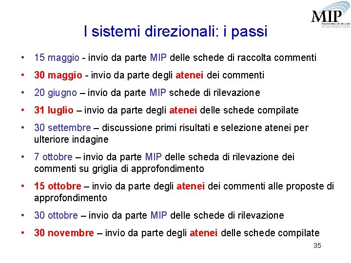 I sistemi direzionali: i passi • 15 maggio - invio da parte MIP delle