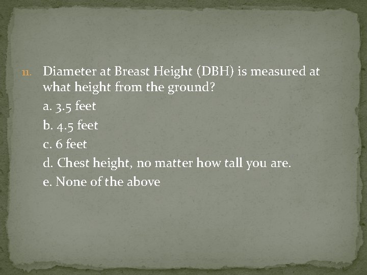 11. Diameter at Breast Height (DBH) is measured at what height from the ground?