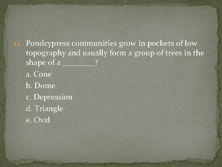 22. Pondcypress communities grow in pockets of low topography and usually form a group