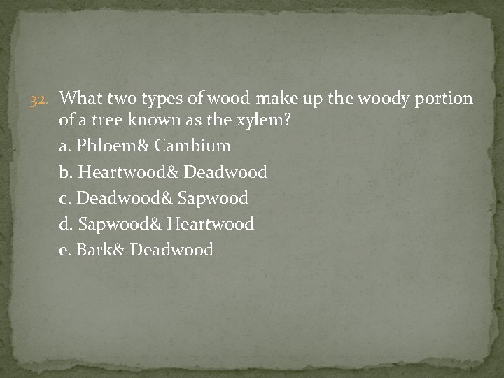 32. What two types of wood make up the woody portion of a tree