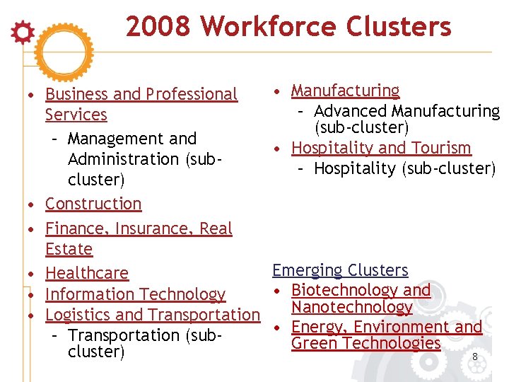 2008 Workforce Clusters • Business and Professional Services – Management and Administration (subcluster) •