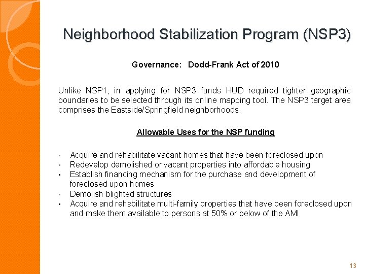 Neighborhood Stabilization Program (NSP 3) Governance: Dodd-Frank Act of 2010 Unlike NSP 1, in